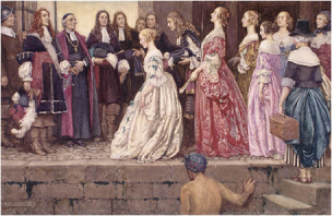 Tableau représentant l’arrivée des filles du Roy à Québec. Les filles sont reçues par l’intendant Jean Talon et Mgr de Laval (Source Wikipédia).